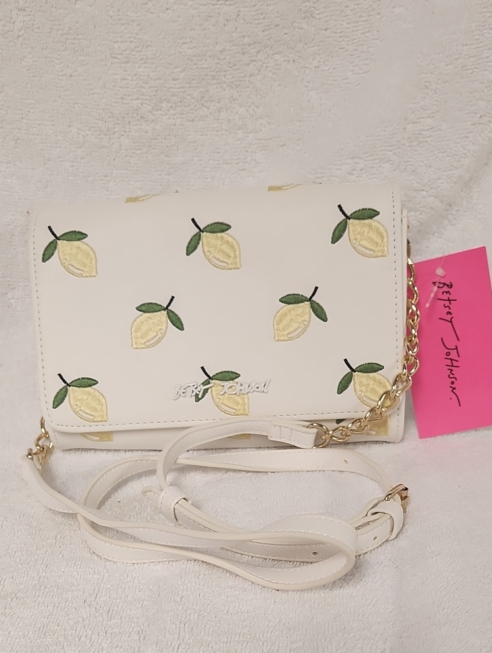 Betsey Johnson Cream Crossbody with Lemon Embroideries and Gold Chain